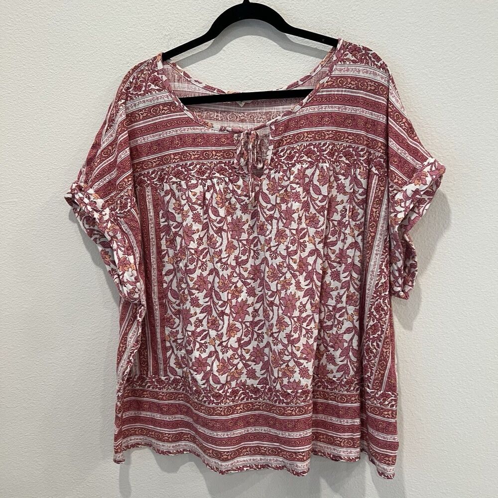Lucky Brand Women’s Cap Sleeve Boho Blouse Top Size 3X Floral Striped Pink Indie